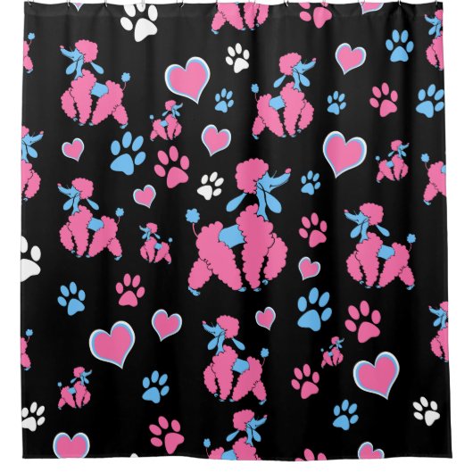 黒い背景のピンクと青のプードルパターン シャワーカーテン (正面)