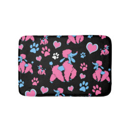 黒い背景のピンクと青のプードルパターン バスマット