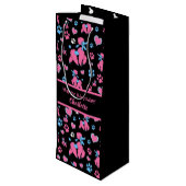黒い背景のピンクと青のプードルパターン ワインギフトバッグ (裏面アングル)