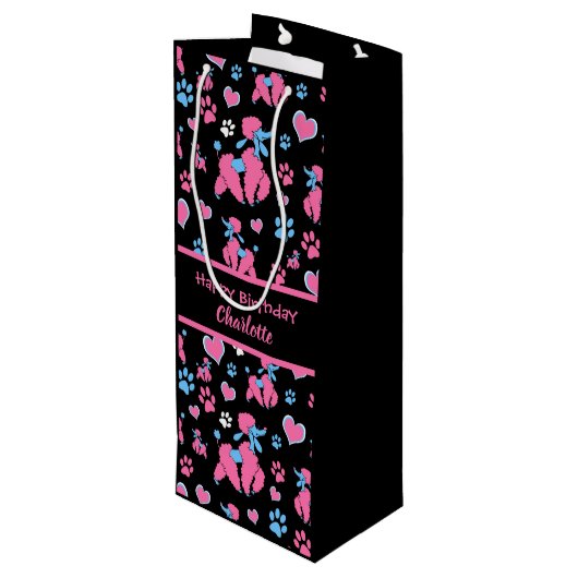 黒い背景のピンクと青のプードルパターン ワインギフトバッグ (裏面アングル)