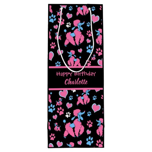 黒い背景のピンクと青のプードルパターン ワインギフトバッグ (裏面)