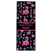 黒い背景のピンクと青のプードルパターン ワインギフトバッグ (正面)