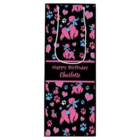 黒い背景のピンクと青のプードルパターン ワインギフトバッグ (正面)