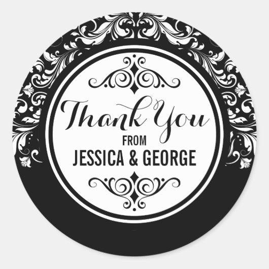 黒い背景のホワイトレースありがとう ラウンドシール (正面)