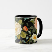 黒い背景のヴィンテージフローラ マグカップ (正面右)