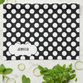 黒い背景の上に白い水玉模様を2 キッチンタオル (折り畳み)