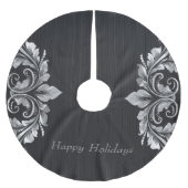 黒い背景の上に金属銀の灰色の渦巻き ブラッシュドポリエステルツリースカート (正面)