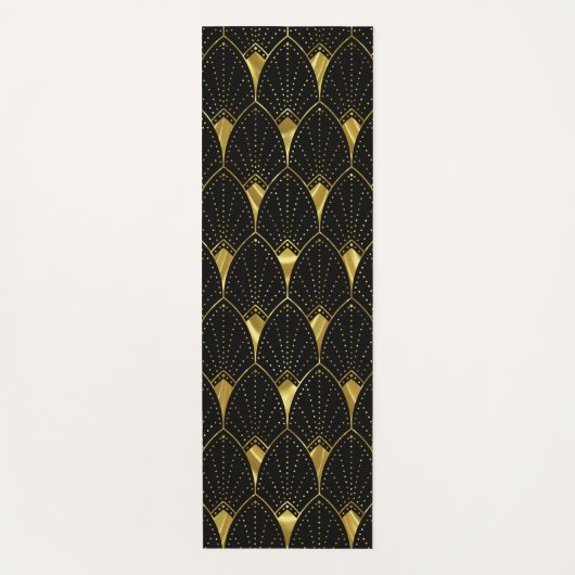 黒い背景の光沢のある金ゴールドアールデコパターン ヨガマット (正面)