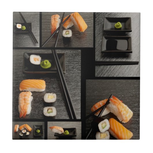 黒い背景の寿司のコレクション タイル (正面)