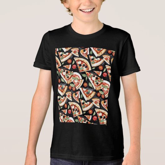 黒い背景の抽象的なピザスライス トライブレンドTシャツ (正面)