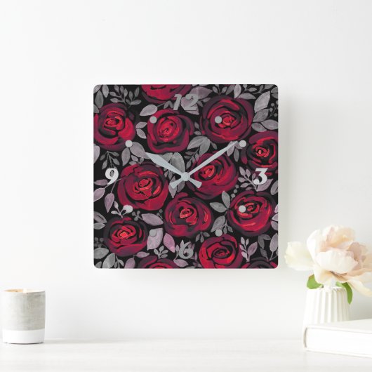 黒い背景の水色バラ、水の色 スクエア壁時計 (ホーム)