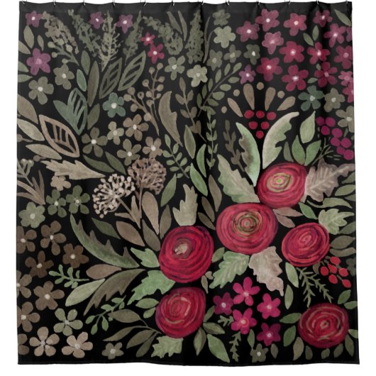 黒い背景の水色バラ、水色 シャワーカーテン (正面)