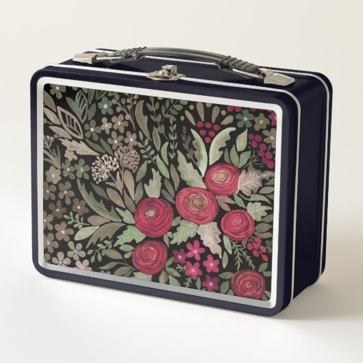 黒い背景の水色バラ、水色 メタルランチボックス (正面)