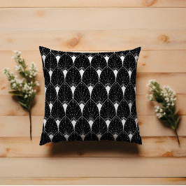 黒い背景の白いアールデコパターン クッション