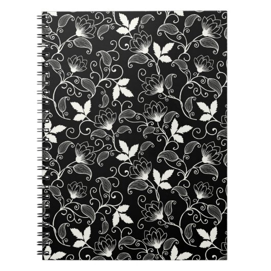 黒い背景の白い抽象芸術フローラ ノートブック (正面)