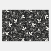 黒い背景の白い抽象芸術フローラ ラッピングペーパーシート (正面2)
