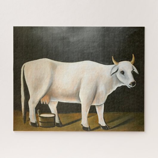 黒い背景の白い牛（家畜） ジグソーパズル (横)