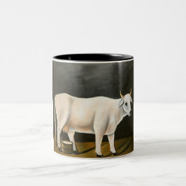 黒い背景の白い牛（家畜） ツートーンマグカップ