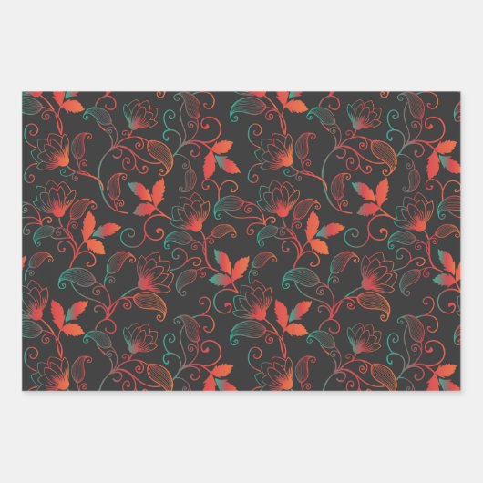 黒い背景の赤と緑の抽象芸術フローラ ラッピングペーパーシート (正面3)