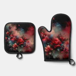 黒い背景の赤と青のフローラ抽象芸術 鍋つかみ&鍋敷きセット