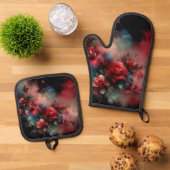 黒い背景の赤と青のフローラ抽象芸術 鍋つかみ&鍋敷きセット (トップダウン)