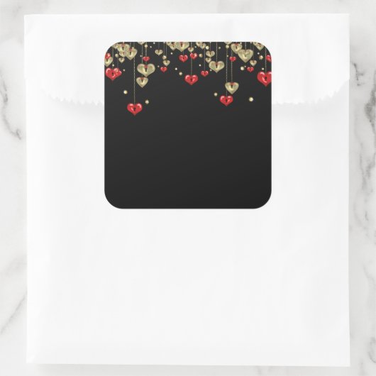 黒い背景の金ゴールドと赤いハート スクエアシール (バッグ)