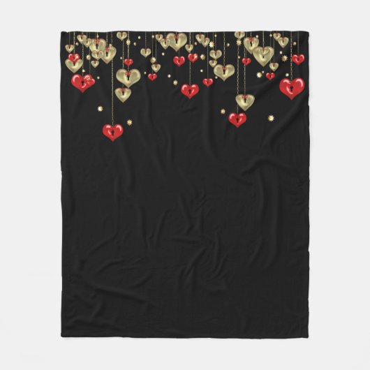 黒い背景の金ゴールドと赤いハート フリースブランケット (正面)