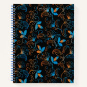黒い背景の青いオレンジ色の抽象芸術フローラ ノートブック (正面)