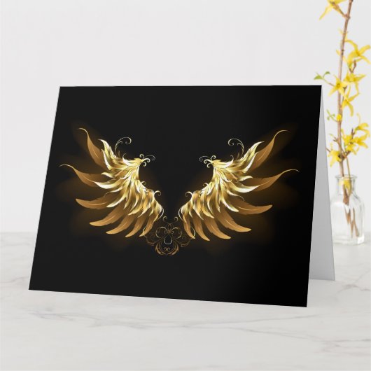黒い背景の黄金の天使の翼 カード (黄色い花)