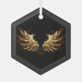 黒い背景の黄金の天使の翼 ガラスオーナメント (正面)