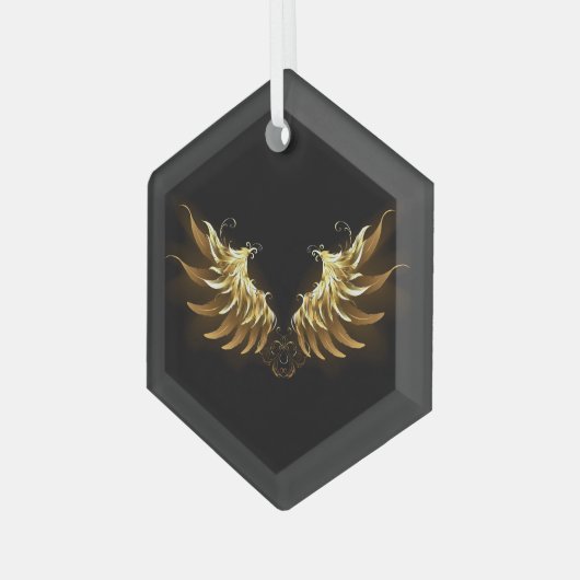 黒い背景の黄金の天使の翼 ガラスオーナメント (正面左)
