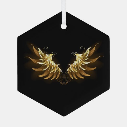 黒い背景の黄金の天使の翼 ガラスオーナメント (裏面)