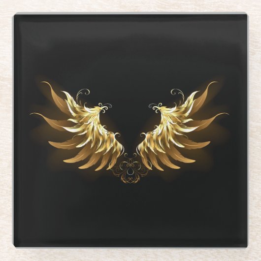 黒い背景の黄金の天使の翼 ガラスコースター (正面)