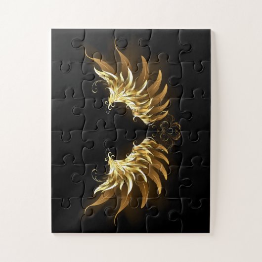 黒い背景の黄金の天使の翼 ジグソーパズル (縦)