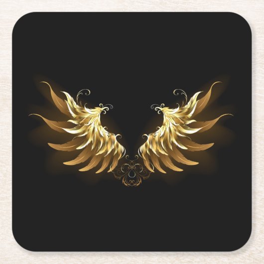 黒い背景の黄金の天使の翼 スクエアペーパーコースター (正面)