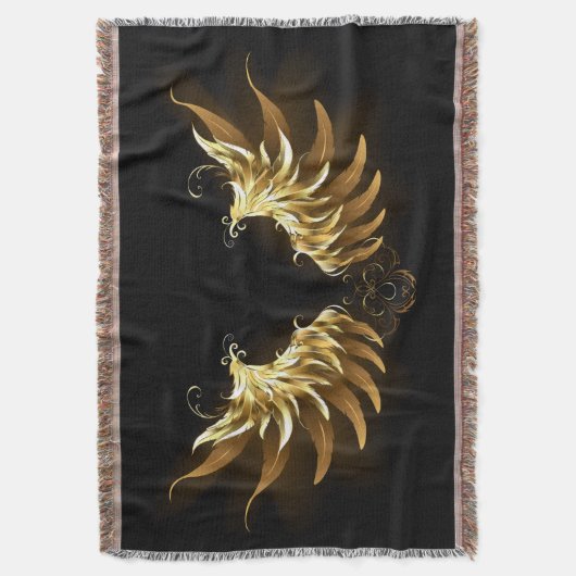 黒い背景の黄金の天使の翼 スローブランケット (正面縦)