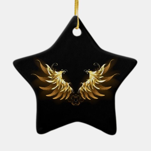 黒い背景の黄金の天使の翼 セラミックオーナメント (裏面)