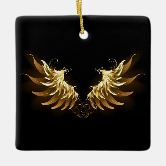 黒い背景の黄金の天使の翼 セラミックオーナメント (正面)