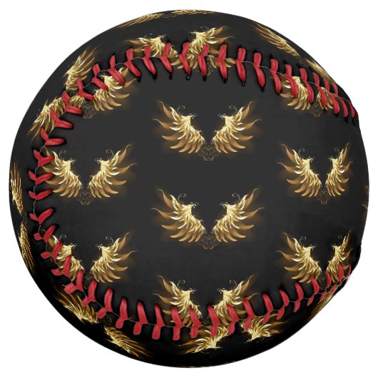 黒い背景の黄金の天使の翼 ソフトボール (正面左)