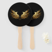 黒い背景の黄金の天使の翼 ハンドファン (正面&裏面)