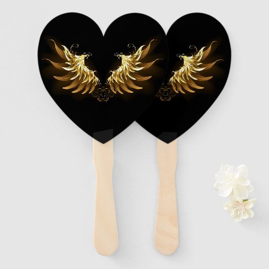 黒い背景の黄金の天使の翼 ハンドファン (正面&裏面)