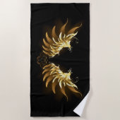 黒い背景の黄金の天使の翼 ビーチタオル (正面)