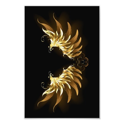黒い背景の黄金の天使の翼 フォトプリント            (正面)
