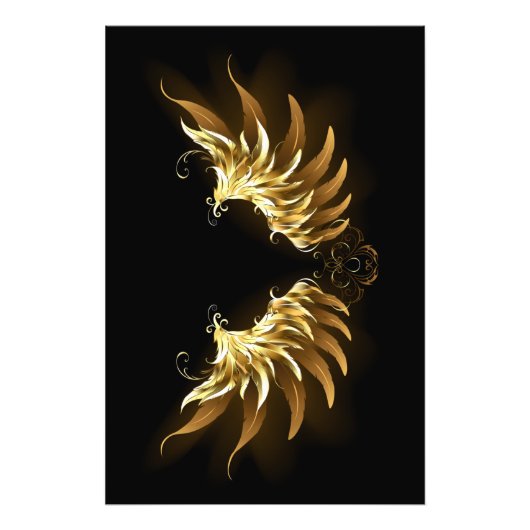 黒い背景の黄金の天使の翼 フォトプリント            (正面)