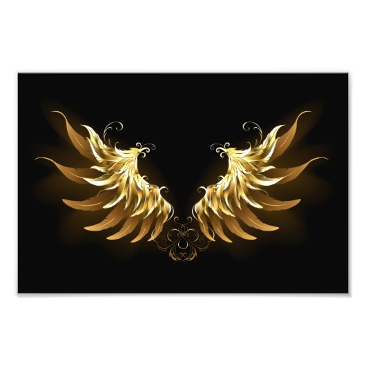 黒い背景の黄金の天使の翼 フォトプリント            (正面)