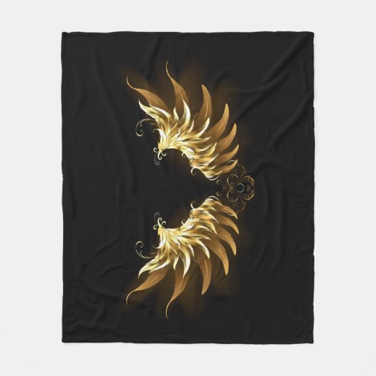 黒い背景の黄金の天使の翼 フリースブランケット (正面)