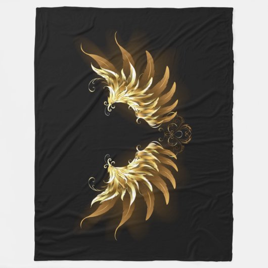 黒い背景の黄金の天使の翼 フリースブランケット (正面)
