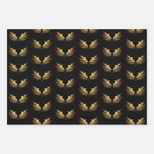黒い背景の黄金の天使の翼 ラッピングペーパーシート (正面)