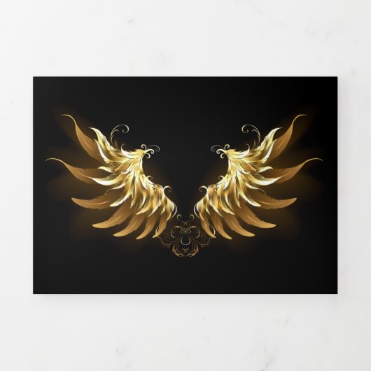黒い背景の黄金の天使の翼 三つ折りクリスマスカード (カバー)