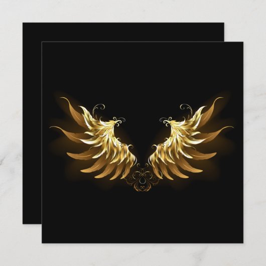 黒い背景の黄金の天使の翼 招待状 (正面/裏面)